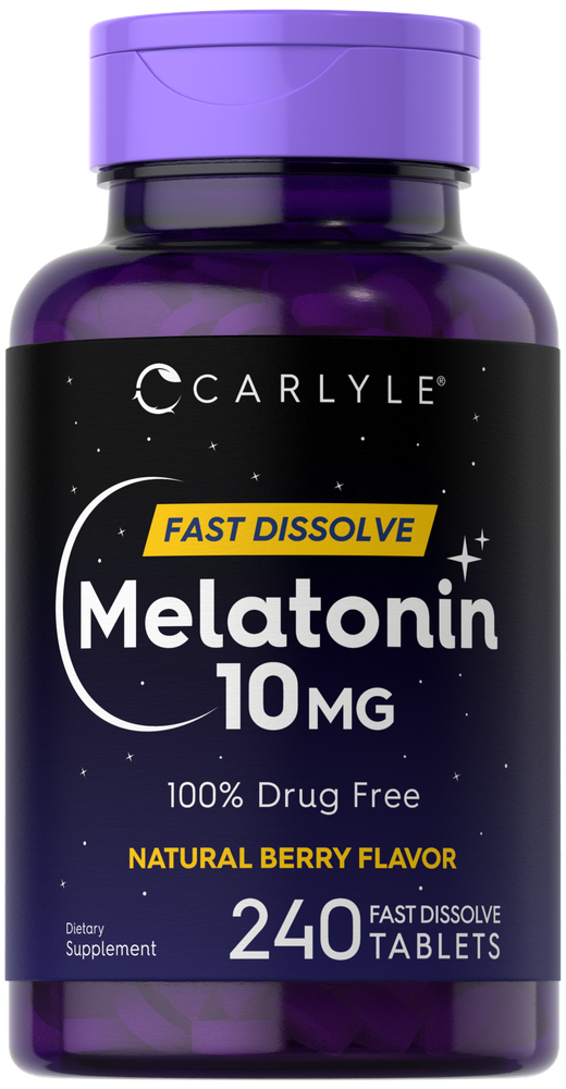 Carlyle Melatonin 10 MG Fast Dissolve Tablets, 240 count bottle in hand for scale.