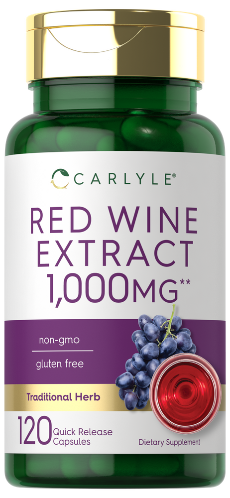 Quick Release Capsules, 120 count, containing 1,000mg of Red Wine Extract, shown on a hand scale.