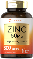 A bottle of Carlyle Zinc 50 mg with 300 tablets showcased, highlighting its quantity and dosage.