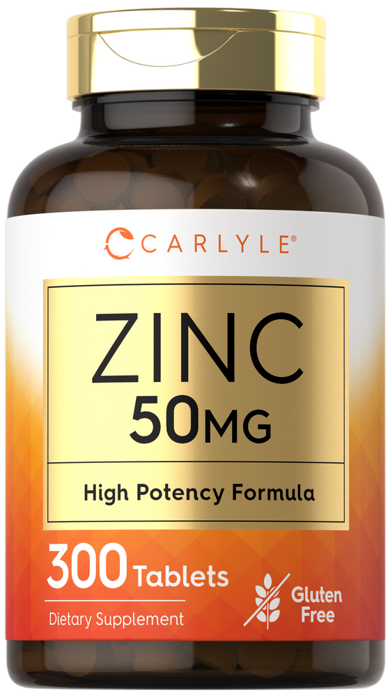 A bottle of Carlyle Zinc 50 mg with 300 tablets showcased, highlighting its quantity and dosage.