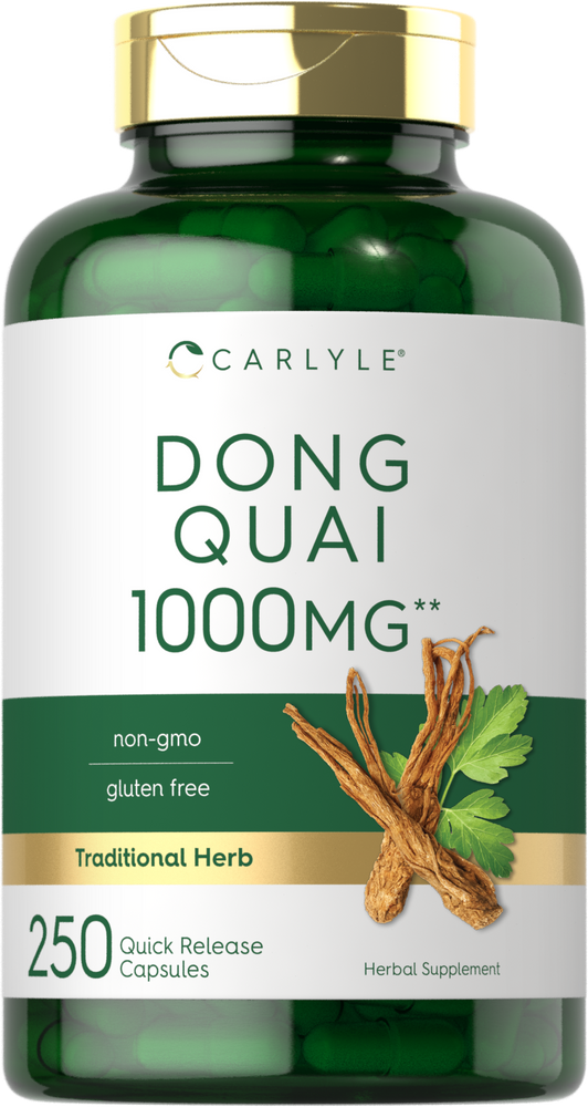 Dong Quai 1000 mg capsules on a hand scale.