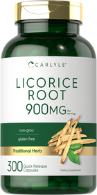 Carlyle Licorice Root supplement with 900 mg dosage, available in 300 quick release capsules, shown on a hand scale.