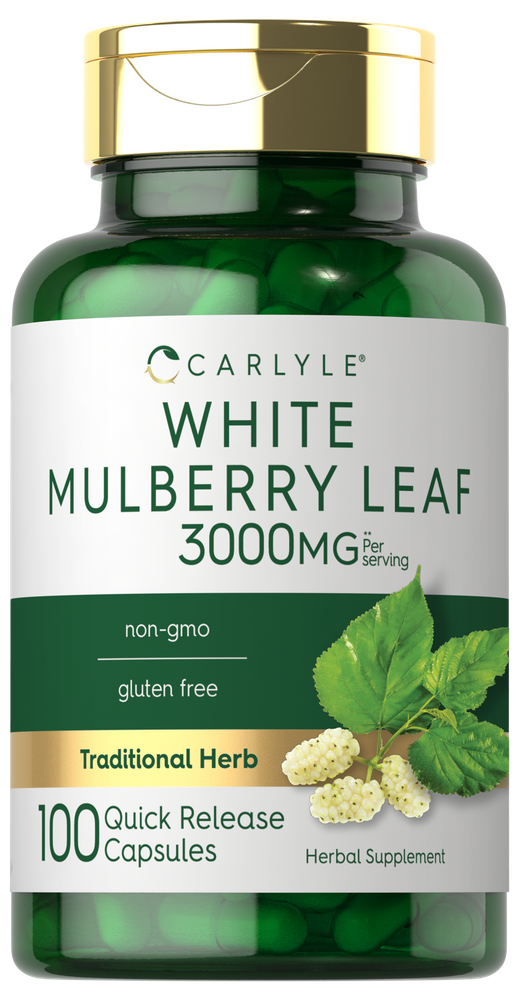 Image showing Carlyle White Mulberry Leaf 3000mg per serving, 100 quick release capsules on a hand scale.