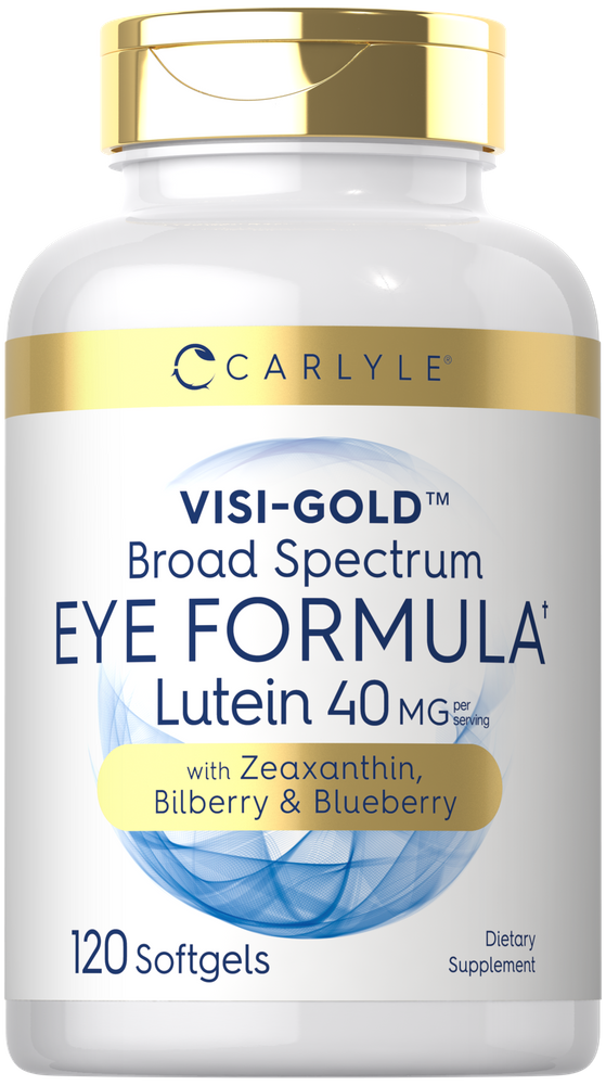 A hand holding CL Broad Spectrum Eye Formula bottle containing 120 softgels, emphasizing vision health support.