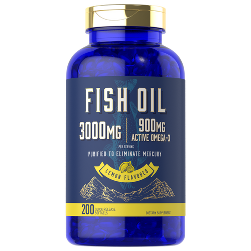 View 1 Hand holding Fish Oil 3000mg, 200 quick release softgels, showcasing bottle size.