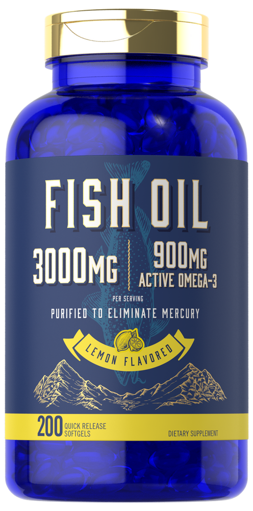 Hand holding Fish Oil 3000mg, 200 quick release softgels, showcasing bottle size.