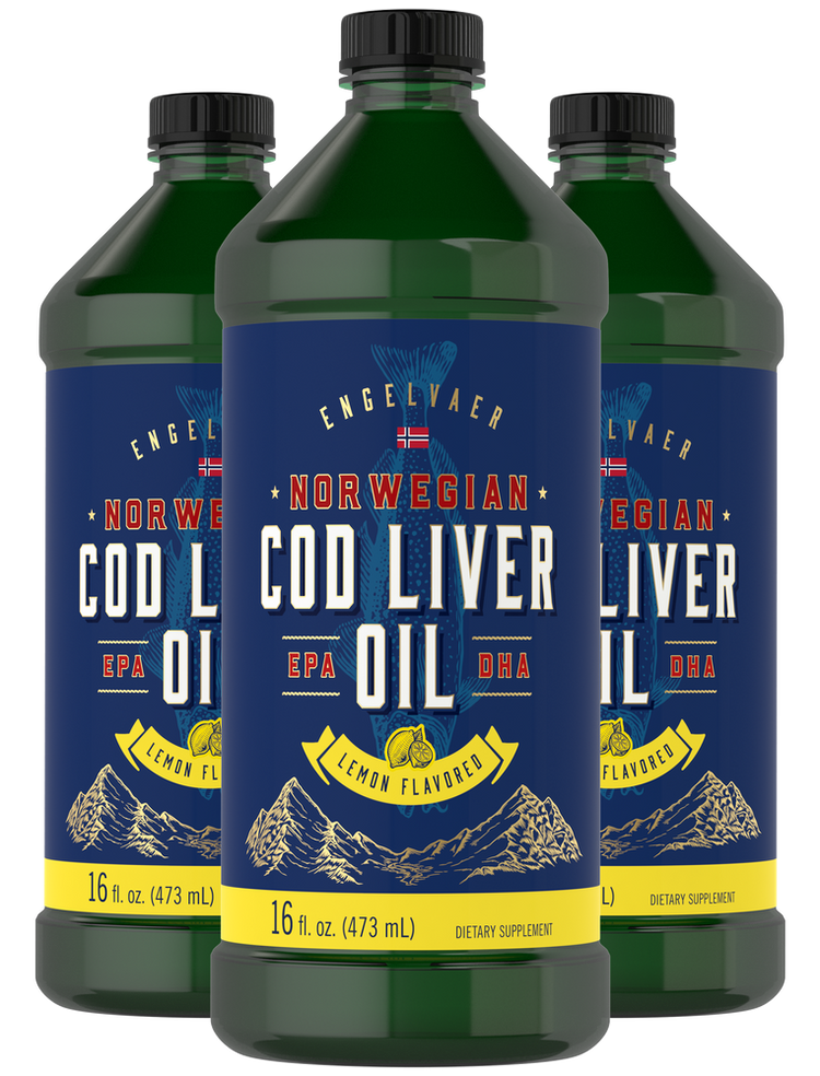 Three bottles of Norwegian Cod Liver Oil, Lemon Flavored, 16 fl. oz. each, with EPA and DHA.