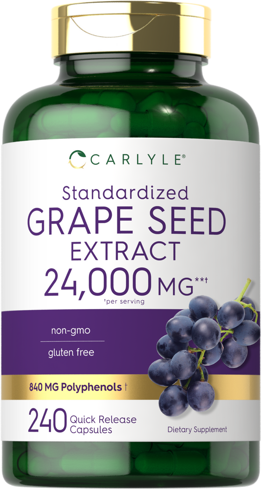 240 quick-release capsules of standardized grape seed extract totaling 24,000 MG are shown on a hand scale.