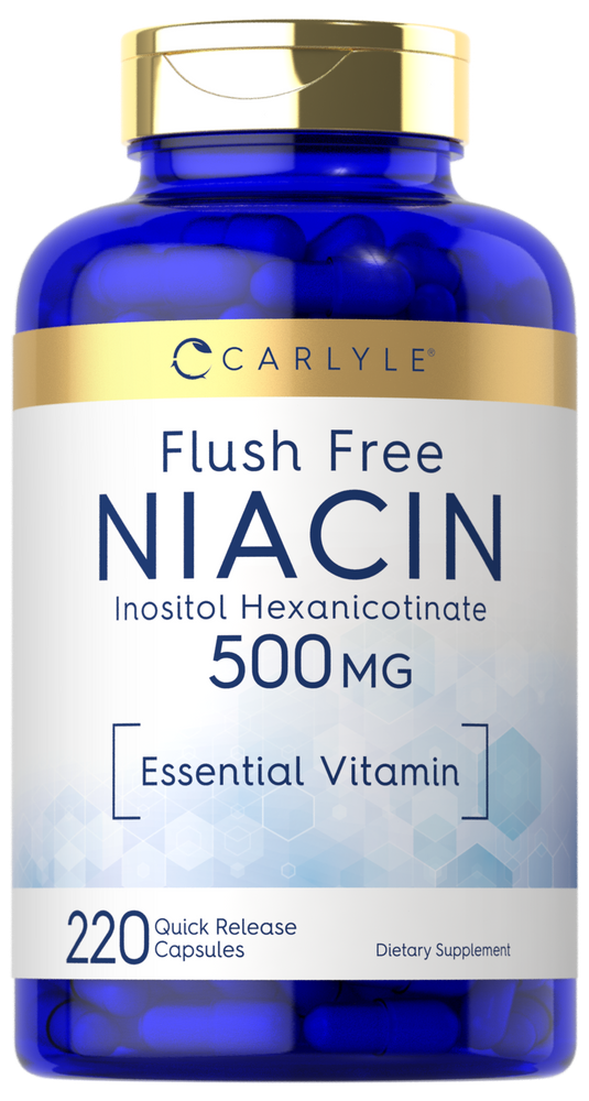 Hand holding Carlyle Flush Free Niacin 500 mg with 220 quick release capsules.