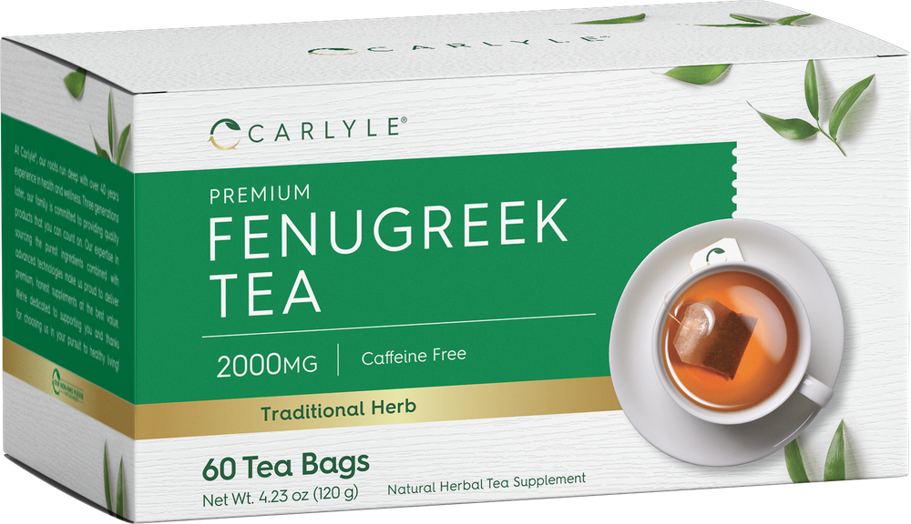 Fenugreek Tea Bags, 2000mg, Caffeine Free, 60 count. A cup of brewed tea with a tea bag rests on a white saucer.