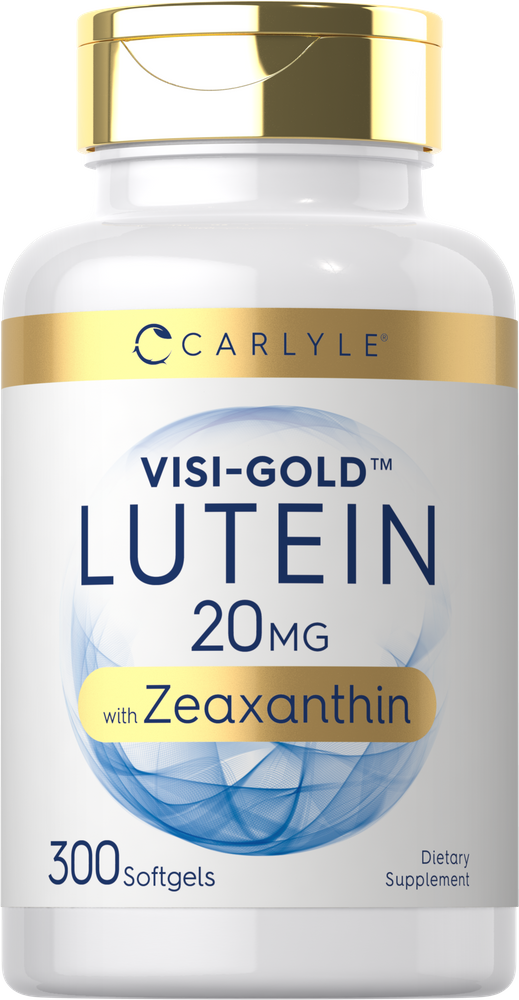 Carlyle Visi-Gold Lutein with Zeaxanthin, 300 Softgels, Dietary Supplement, shown on hand scale.
