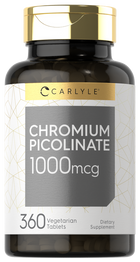 Hand holding a bottle of 360 vegetarian tablets, each containing 1000mcg of Chromium Picolinate.