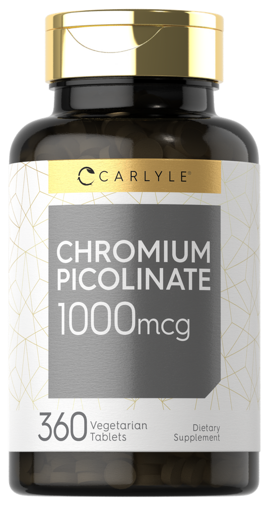 Hand holding a bottle of 360 vegetarian tablets, each containing 1000mcg of Chromium Picolinate.