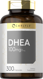 Carlyle DHEA capsules, 100mg per serving, 300 count bottle, shown on a hand scale for measurement reference.