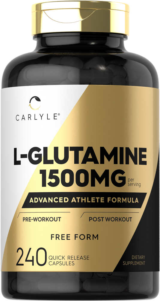 L-Glutamine capsules, 1500 mg per serving, 240 count, in a hand-scale display.