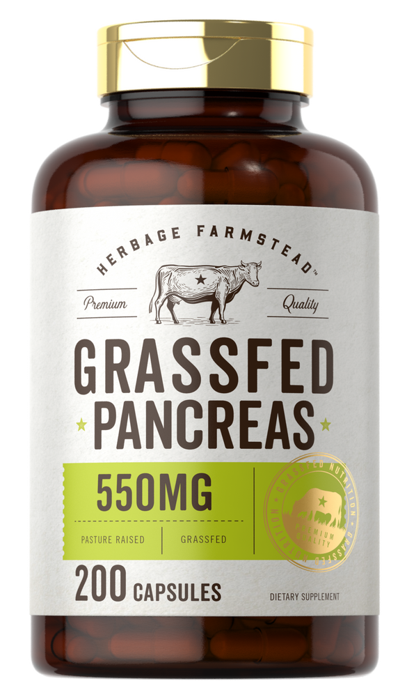 A hand holding a bottle of Grassfed Pancreas 550 mg, containing 200 capsules.