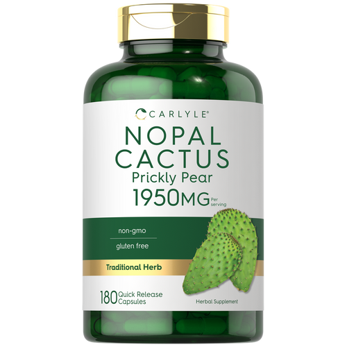 View 1 Nopal Cactus Prickly Pear 1950mg, 180 capsules shown on a hand for size reference.