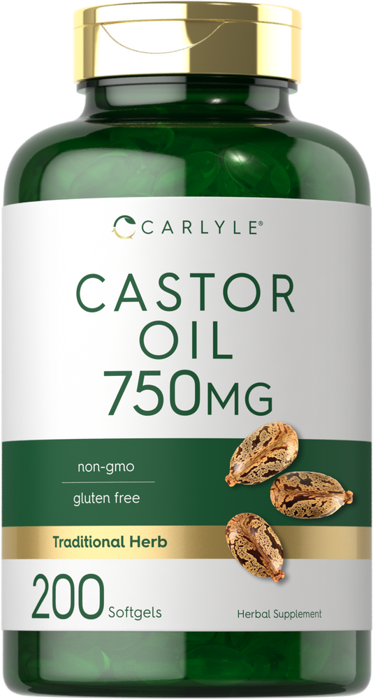 Image of a hand holding a scale with a bottle of 750MG Castor Oil, containing 200 softgels, for bulk purchase.