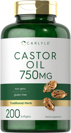 Image of a hand holding a scale with a bottle of 750MG Castor Oil, containing 200 softgels, for bulk purchase.