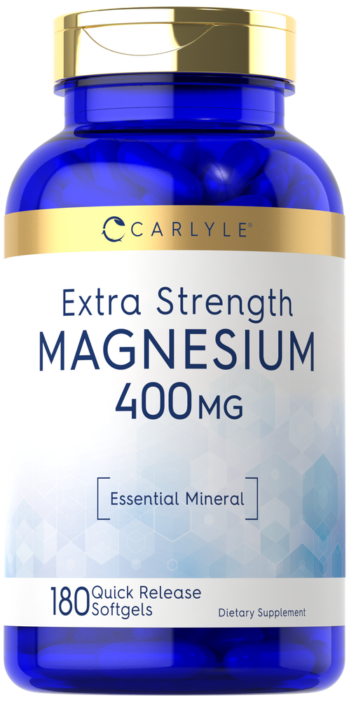 Bottle of 180 quick release softgels, each with 400 mg of extra strength magnesium, resting on a hand scale.