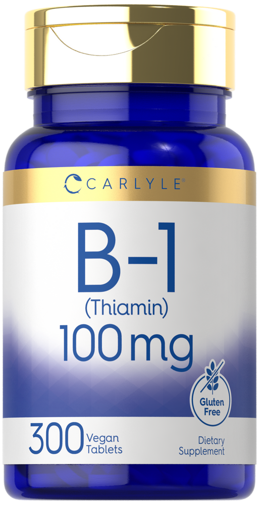 Carlyle B-1 (Thiamin) 100 mg, 300 vegan tablets shown on a hand scale, indicating the bulk scale of the bottle.