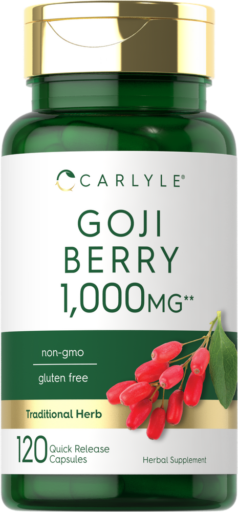 A hand holding Goji Berry 1,000MG Quick Release Capsules by a bulk scale.