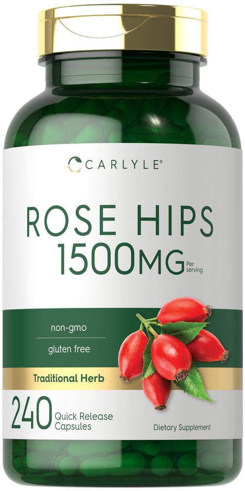 A green bottle containing 240 Rose Hips 1500mg quick release capsules is shown.
