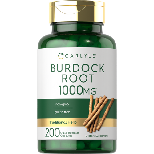 View 1 Carlyle Burdock Root 1000 mg Quick Release Capsules, 200 count bottle placed on a hand scale.