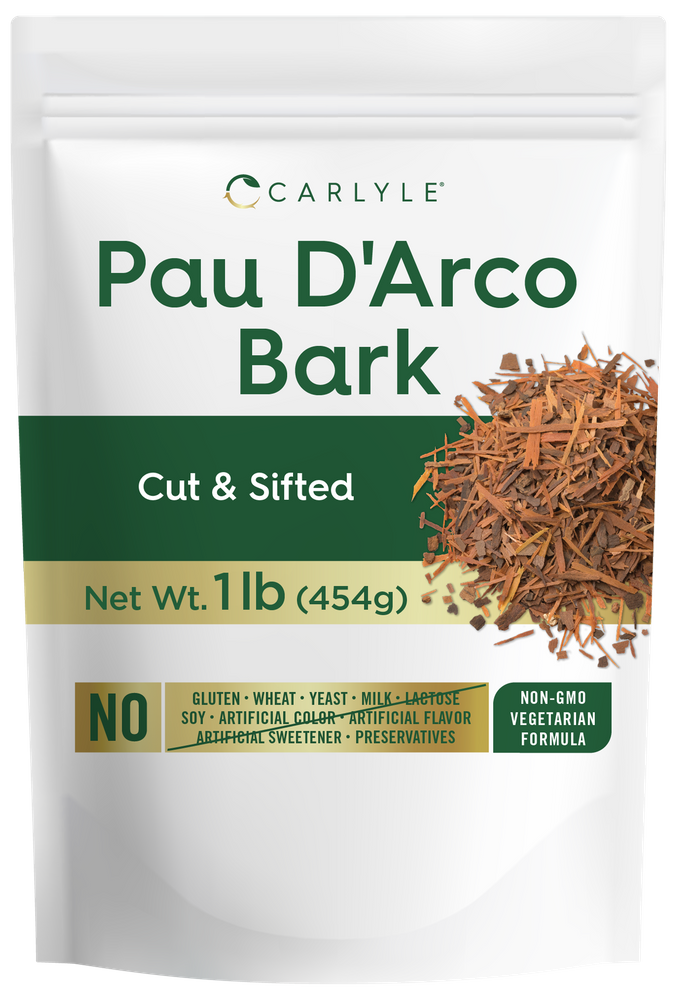Hand holding 1 lb (454g) of cut and sifted Pau D'Arco Bark, suitable for bulk use.
