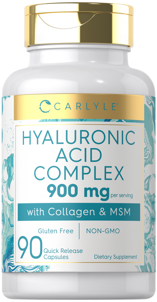 Hand holding Carlyle Hyaluronic Acid Complex, 900 mg per serving, 90 Quick Release Capsules.