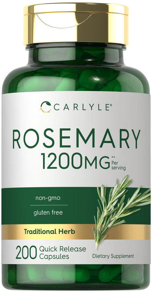 Rosemary 1200mg quick release capsules in a 200 count bottle, displayed on a hand scale, showing bulk size and convenience.