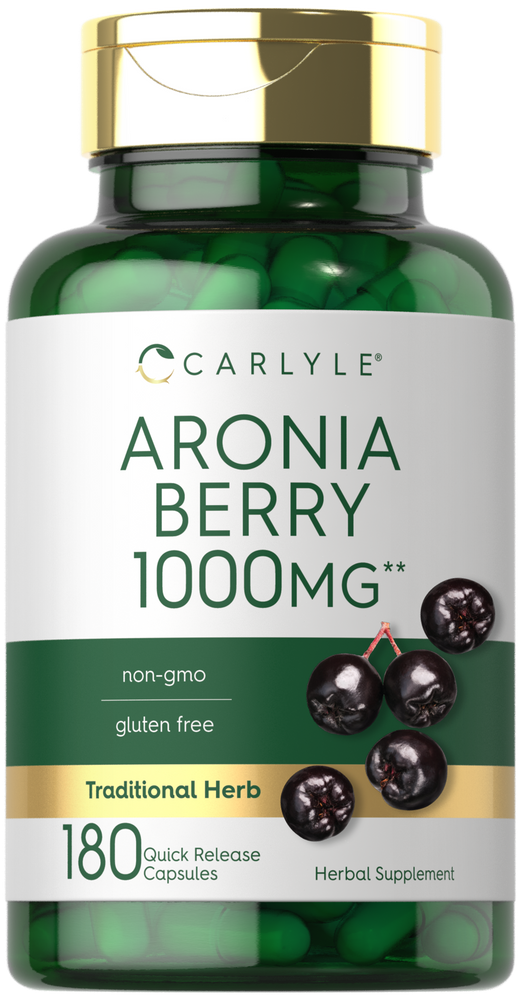 A green bottle containing 180 quick release capsules of Carlyle Aronia Berry 1000 mg.