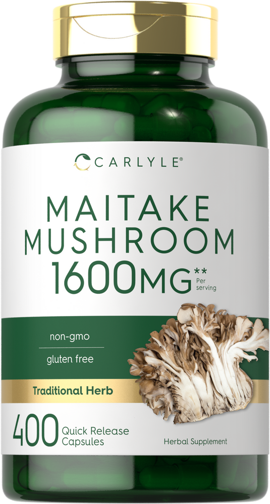 A hand holding a bottle of Maitake Mushroom 1600 mg, containing 400 quick release capsules.