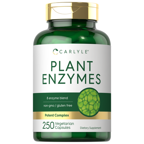 View 1 Carlyle Plant Enzymes bottle with 250 vegetarian capsules displayed on a hand scale.