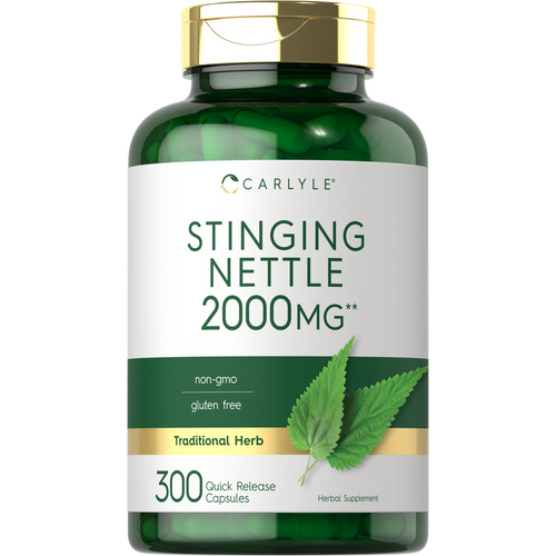 View 1 Carlyle Stinging Nettle 2000MG Quick Release Capsules, 300 count, shown in a green bottle on hand scale.