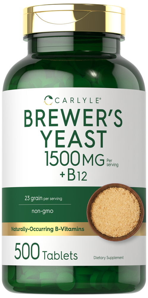Brewer's Yeast 1500 mg 500 Tablets alongside a small bowl of brewer's yeast powder.