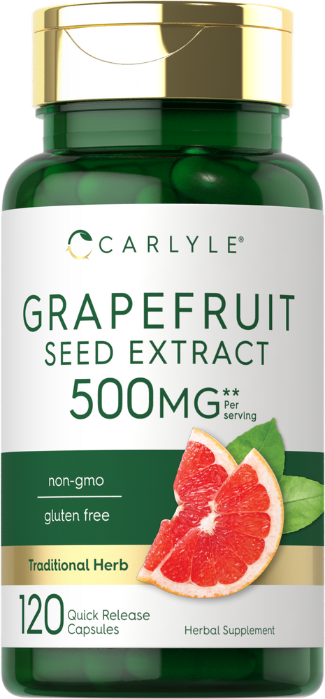 120 count bottle of Grapefruit Seed Extract Quick Release Capsules, 500MG, shown with a scale for size reference.