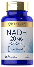 NADH 20 mg with CoQ-10, available in a bottle of 60 capsules, displayed on a hand scale for size comparison.