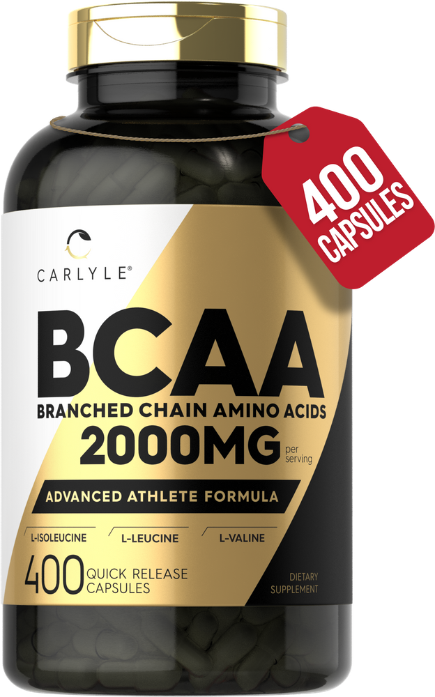 Carlyle BCAA 2000 mg bottle containing 400 quick release capsules is visible.