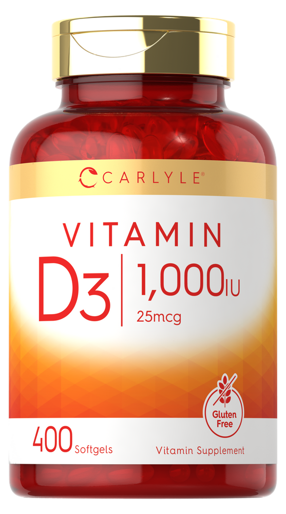 Carlyle Vitamin D3 supplement; 1,000 IU, 25mcg, 400 softgels in a bulk hand-scale bottle.