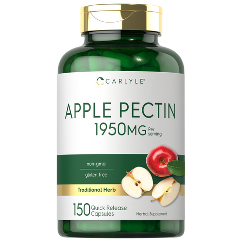View 1 150 green capsules of Apple Pectin with 1950mg each for quick release, weighed by hand on a scale.