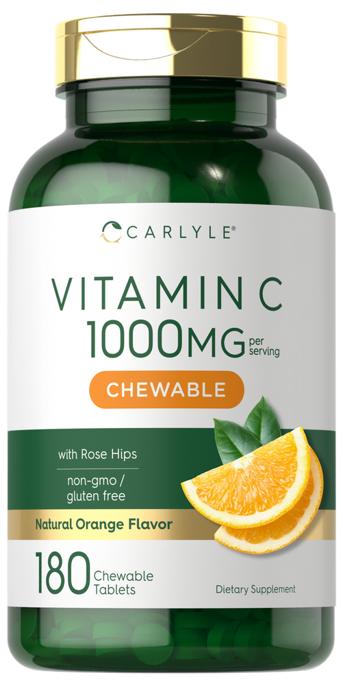 Carlyle Vitamin C 1000mg Chewable Tablets, 180 count, shown on hand scale for size comparison, highlighting its bulk quantity.