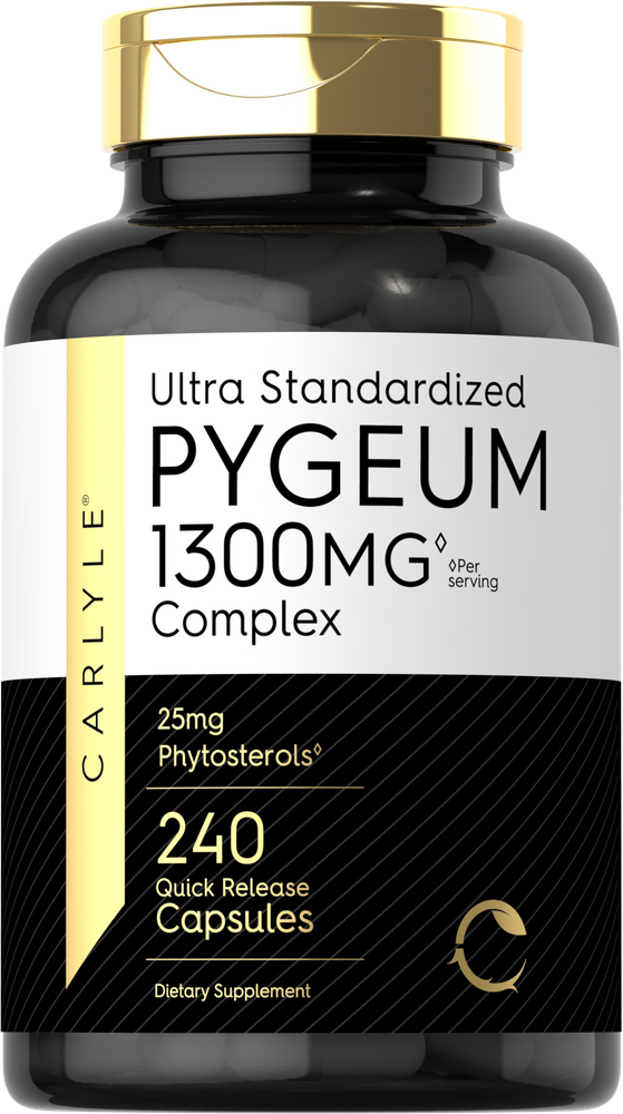 Pygeum 1300 mg Complex with 240 quick release capsules shown on a hand to indicate size.