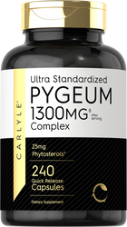 Pygeum 1300 mg Complex with 240 quick release capsules shown on a hand to indicate size.