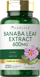 A bottle containing 200 green quick release capsules of 600 mg Banaba Leaf Extract, suitable for bulk purchase.