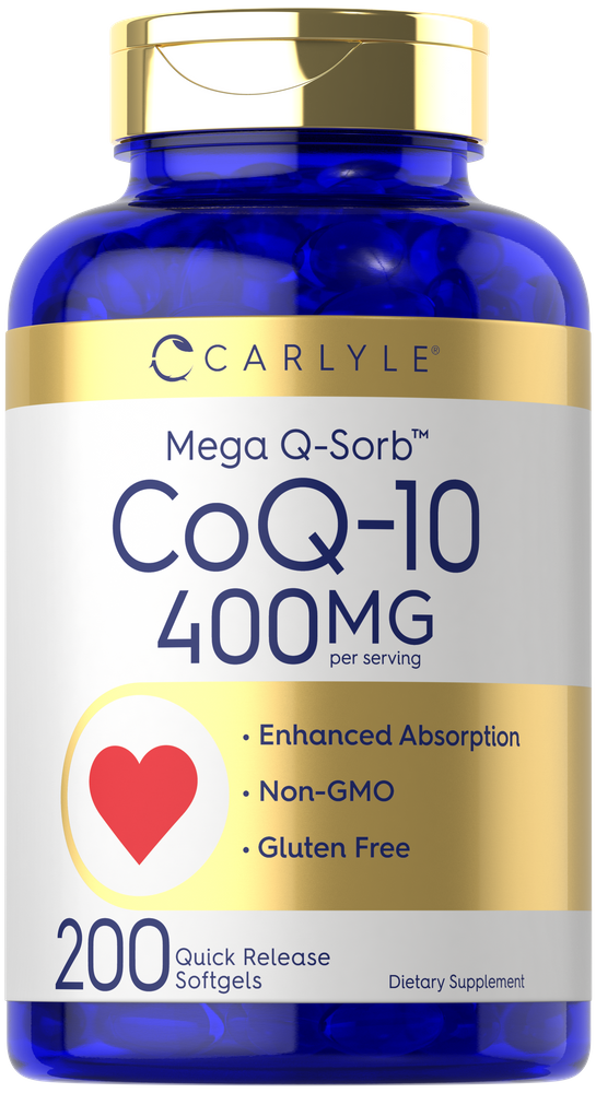 Carlyle CoQ-10 400mg, 200 quick release softgels shown on a hand scale for bulk measurement.