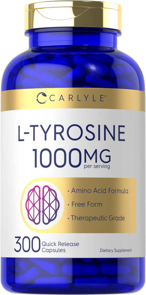 A hand holding blue L-Tyrosine 1000mg quick release capsules.