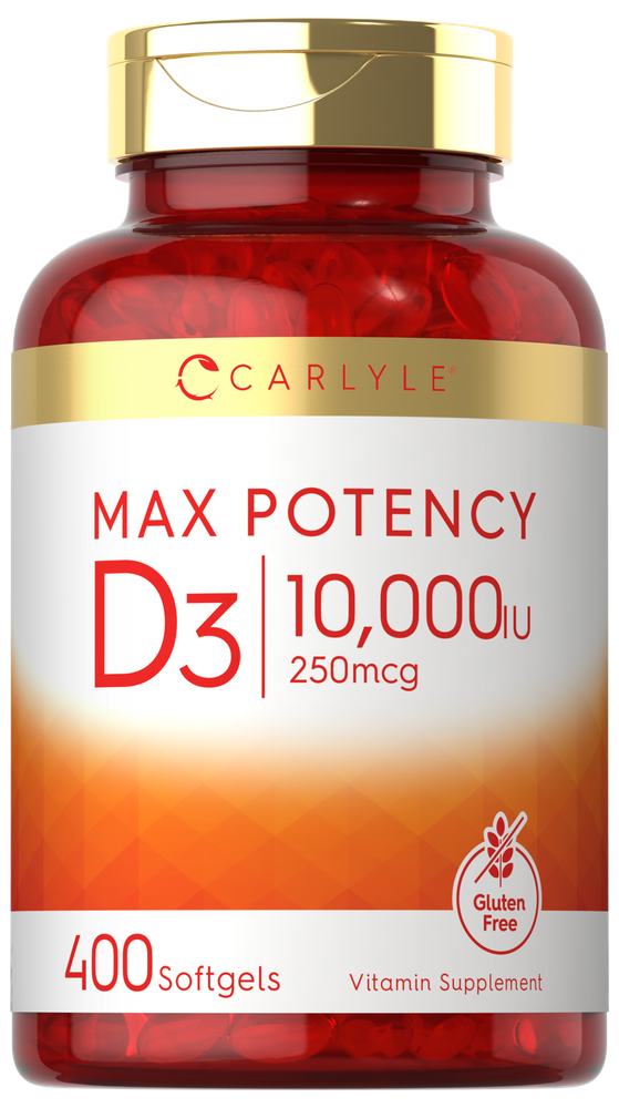 Carlyle Max Potency D3, 10,000 IU, 250mcg, 400 softgels shown on hand scale for size comparison.