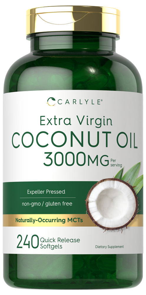 Hand holding a bottle of Carlyle Extra Virgin Coconut Oil 3000 mg, 240 quick-release softgels.
