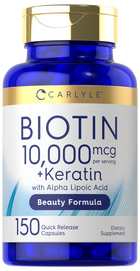 Carlyle Biotin 10,000 mcg plus Keratin Complex, containing 150 quick-release capsules.